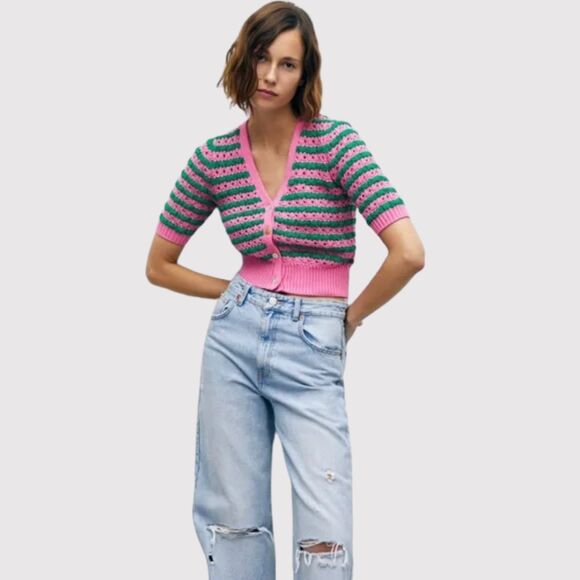 NWT ZARA Womens Cardigan Pink Striped V Neck Cropped Short Sleeve Sweater Small - Picture 1 of 11